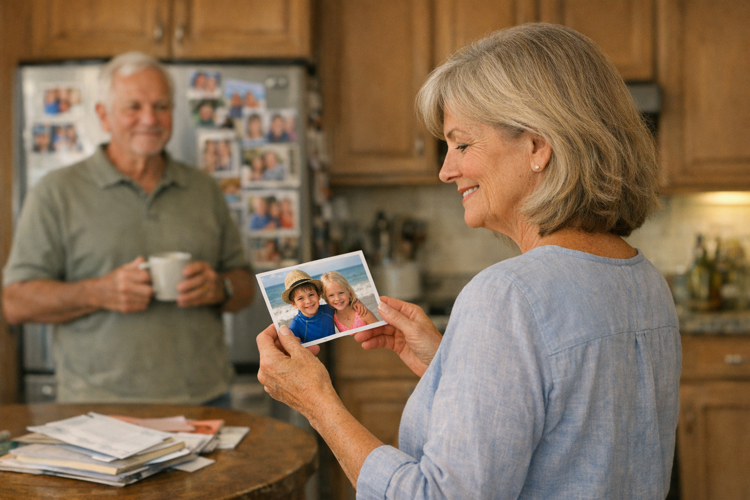 Grandmother smiling while holding a photo postcard